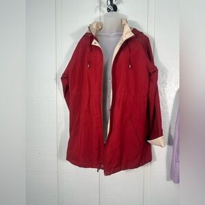 Kim Rogers Red and Tan Hooded Lightweight Rain Jacket Size Large EUC